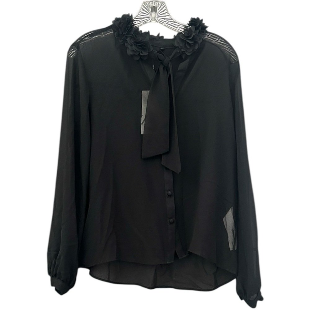 Zara Black Blouse Floral Applique Details Bow Tie Sheer NWT Sz L